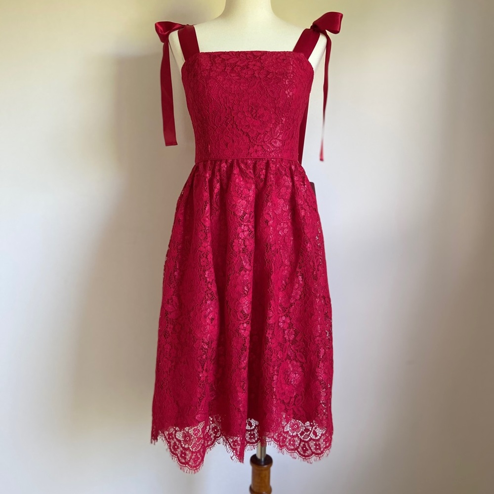 Gal Meets Glam Red Lace Ribbon Bow Strap Dress